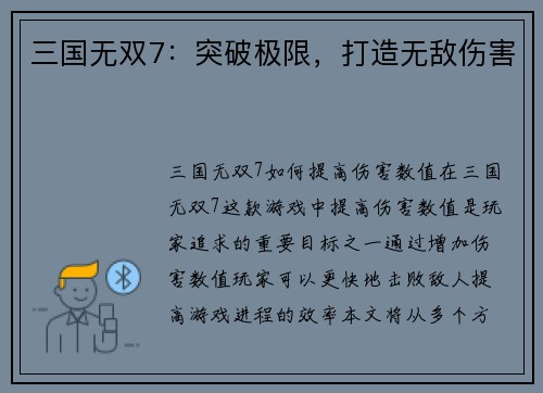 三国无双7：突破极限，打造无敌伤害
